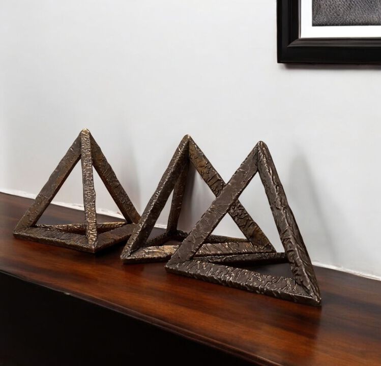 HomeRoots Set of Three Bronze Metal Pyramid Tabletop Sculptures