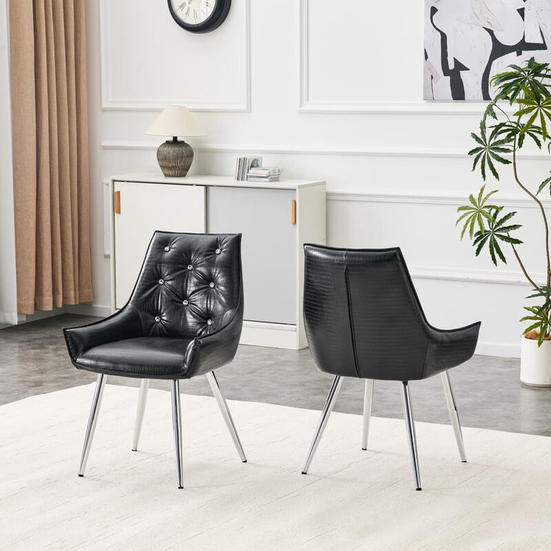 Set of 2 PU Leather Dining Chairs Crocodile Embossed Accent Chairs with Diamond Tufted Back Square Seat Chairs with Metal Legs image number 4