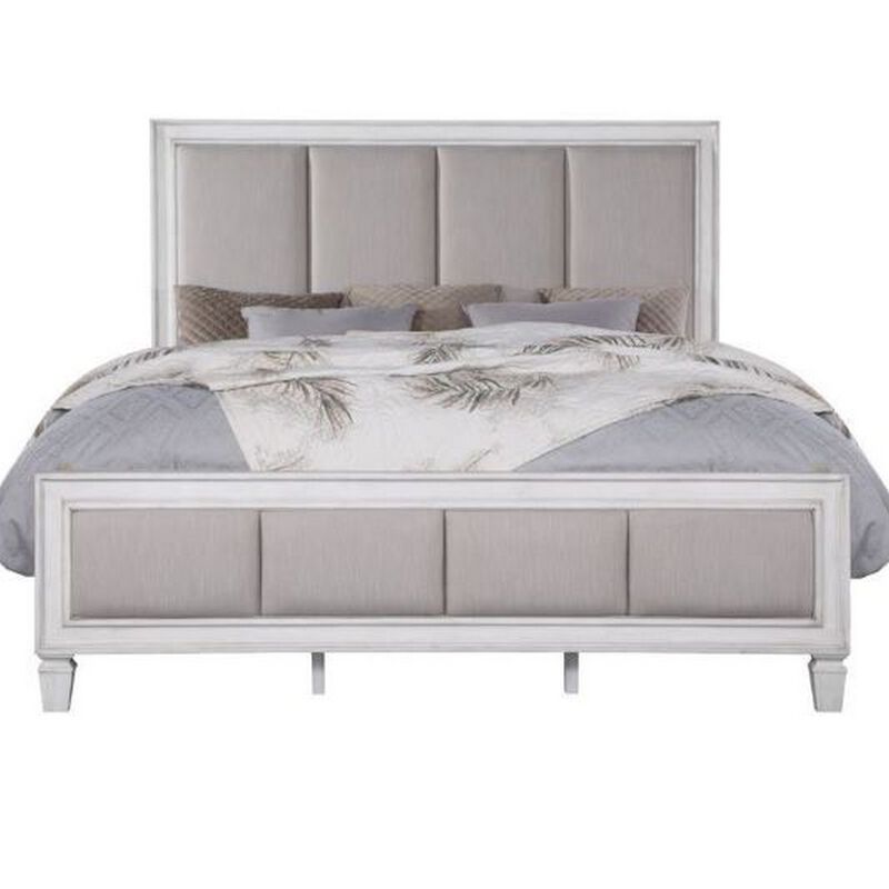 Kate Modern King Size Bed, ChannelTufted, Gray Fabric, White Wood Frame