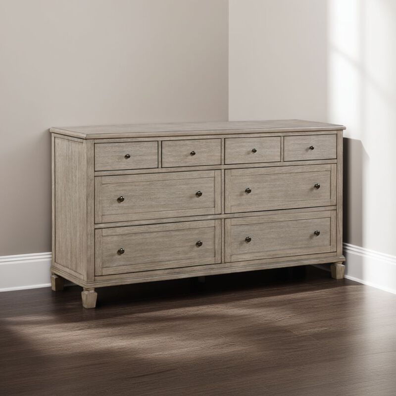 Cely Dresser, 66 Inch, 8 Drawers, Gray Oak Veneer, Nickel Tone Knobs - Benzara