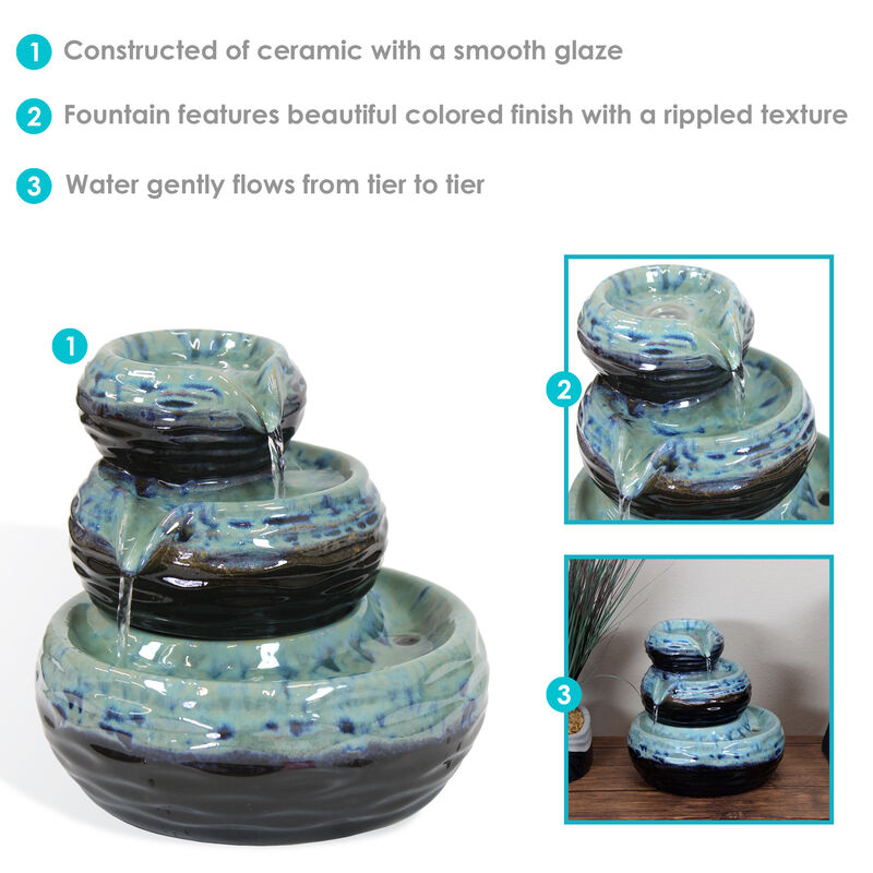 Sunnydaze Modern Textured Bowls Ceramic Indoor 3-Tier Water Fountain - 7 in