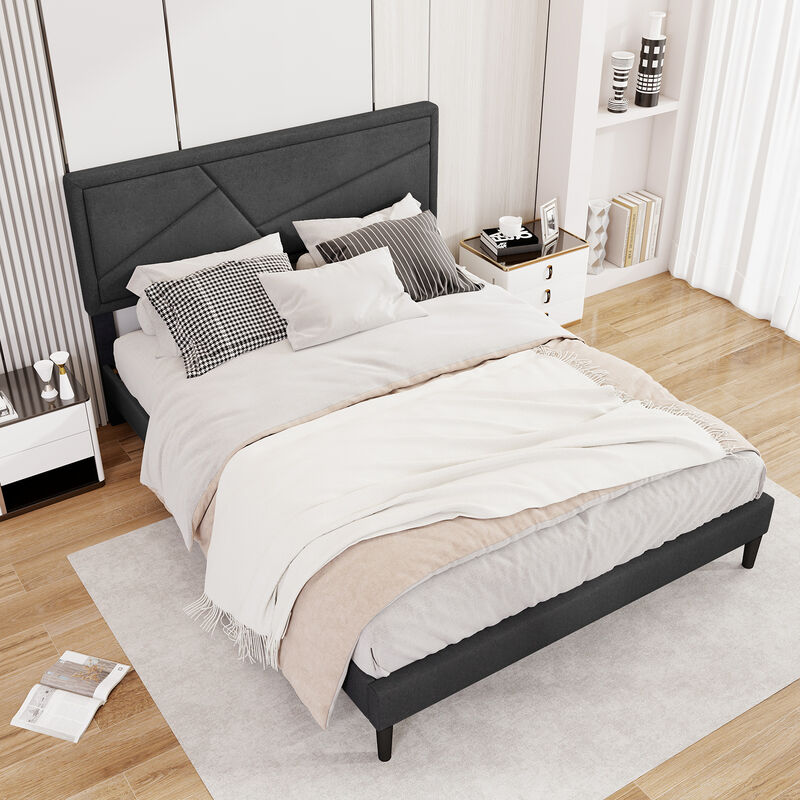 Upholstered Platform Bed Frame with High Headboard and Sturdy Support Base