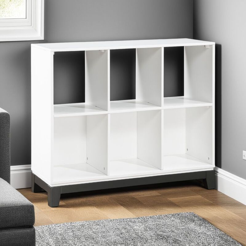 Thiem Bookcase, 6 Cubby Style Shelves, White, Black Veneer, 40 Inch - Benzara