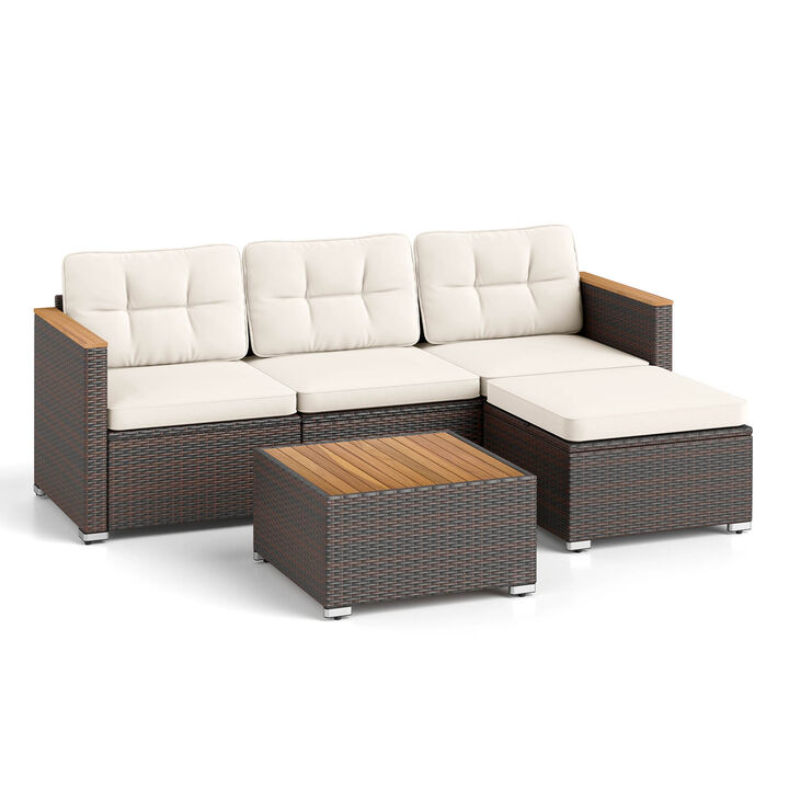 5-Piece Wicker Patio Conversation Set with Comfortable Cushions and Coffee Table-White