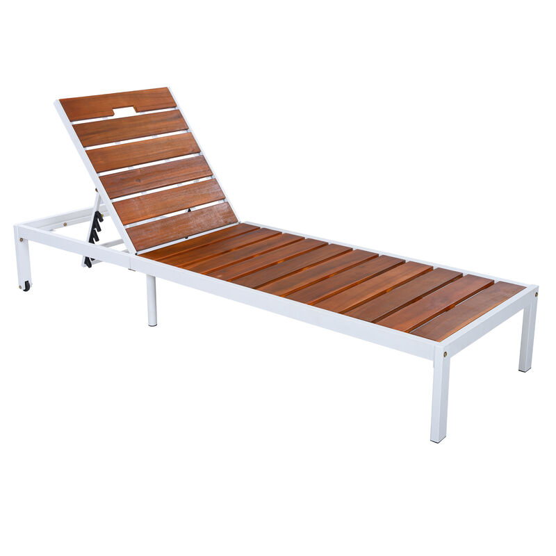 Merax Outdoor Chaise Lounge | 6-Position Adjustable Backrest, Steel Frame with Acacia Wood Slat Seat image number 0