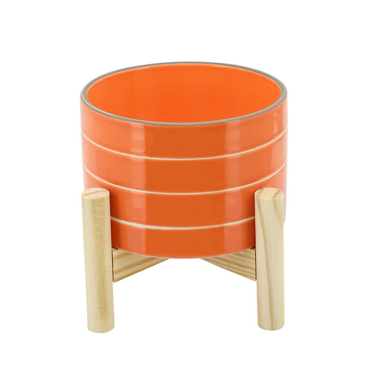 Striped Planter W/ Wood Stand