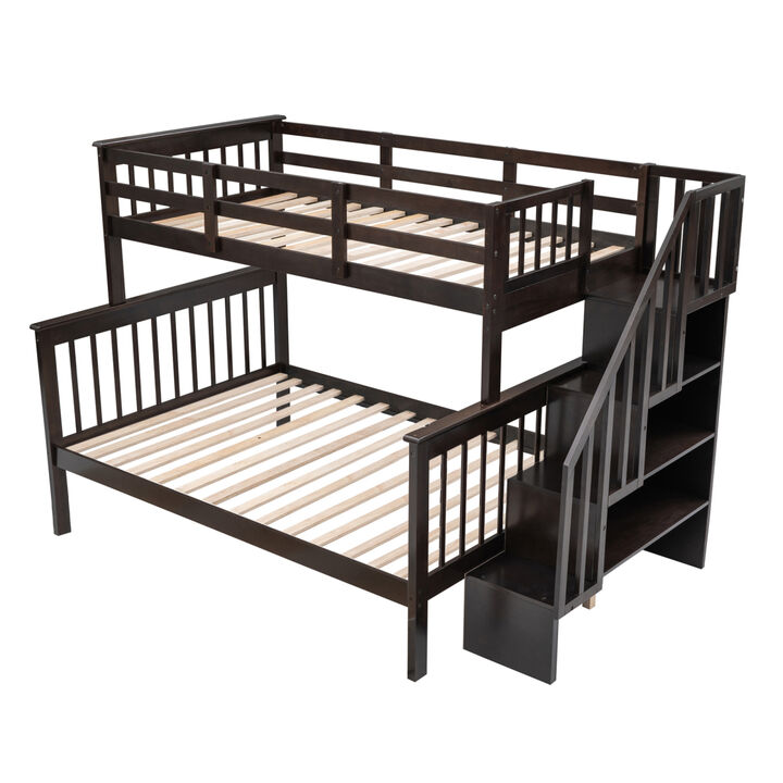 Stairway Twin-Over-Full Bunk Bed with Storage and Guard Rail for Bedroom, Gray color