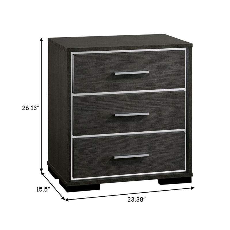 Contemporary Style Three Drawers Wooden Nightstand with Bar Handles, Dark Gray - Benzara