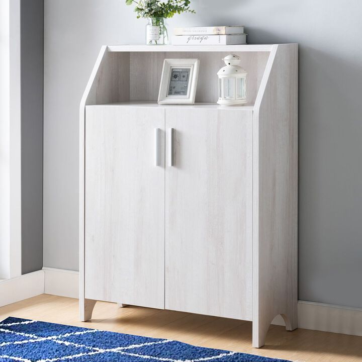 2 Door Wooden Shoe Cabinet with Top Shelf Storage, White-Benzara