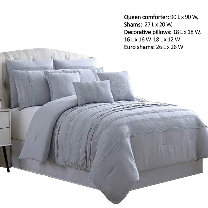 Assisi 8 Piece Queen Comforter Set with Reverse Pleats and Lace The Urban Port, Gray - Benzara