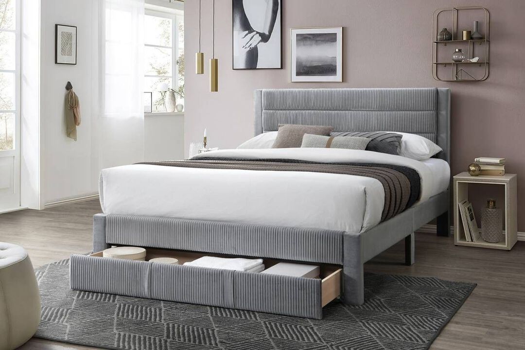 Poundex Queen Platform Bed with Underbed Storage in Gray