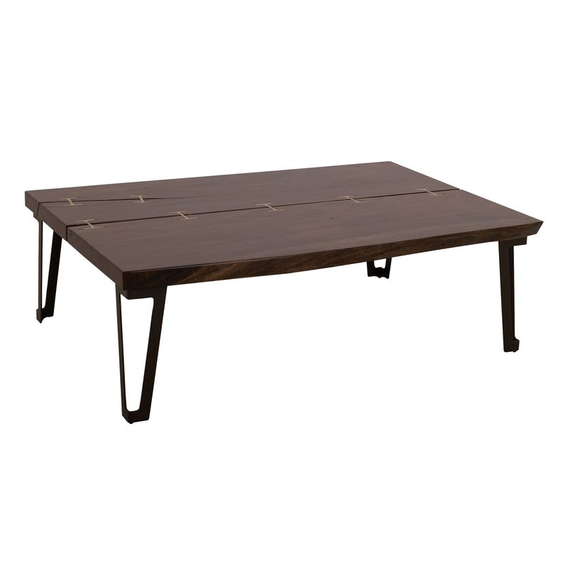 Ally Cocktail Coffee Table, Gold Metal, Walnut Brown Parota 47 Inch