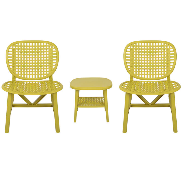 3 Pieces Hollow Design Patio Table Chair Set All Weather Conversation Bistro Set Outdoor Coffee Table with Open Shelf and Lounge Chairs with Widened Seat for Balcony Garden Yard Yellow