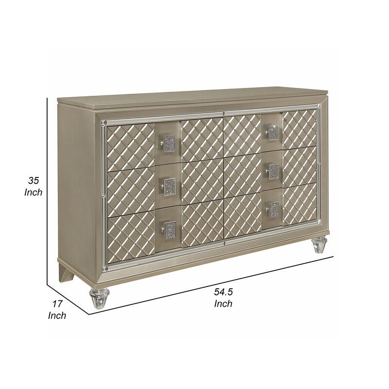 Loy Dresser, 55 Inch, 6 Drawers, Champagne Gold Metallic, Mirror Trim - Benzara