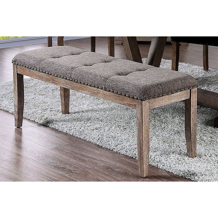 Rectangular Shaped Solid Wood and Fabric Upholstered Bench with Nail head Trims , Brown and Gray-Benzara
