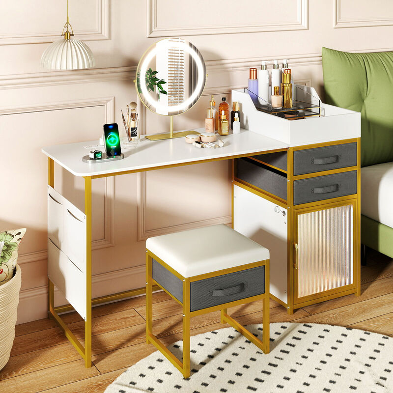 Rotatable Lighted Mirror Vanity Desk, Makeup Dressing Table-White image number 1