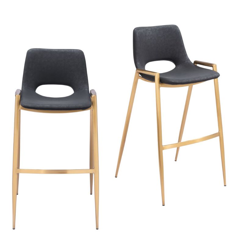 HomeRoots Set of Two 30" Black and Gold Faux Leather and Steel Low Back Bar Height Bar Chairs