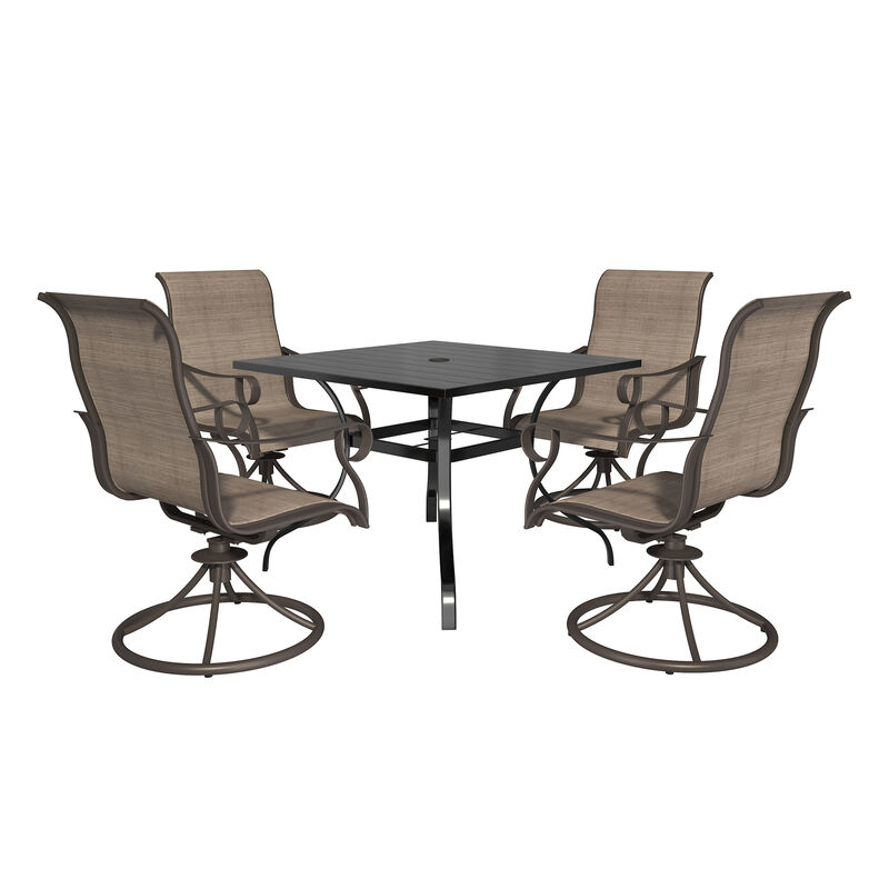 MONDAWE 5-Piece Square Steel Table And Steel Textiliene Dining Chair Set With 4 Pcs Swivel Chairs,Purchase Set Limited Time Get A Free Parasol(Random Styles&Colors)