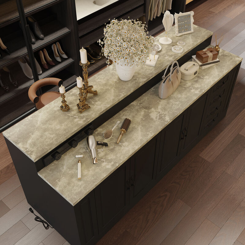 FUFU&GAGA Modern Shoe Cabinet with Storage, Marble-Texture Top, Built-in Power Outlets, MDF Cabinet with Drawers & Shelves, (94.5" W x 39.4" H x 31.3" D), Black