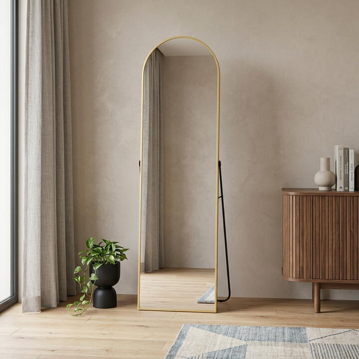HomeRoots 64" Gold Aluminum Arch Freestanding And Wall Mounted Framed Full Length Mirror