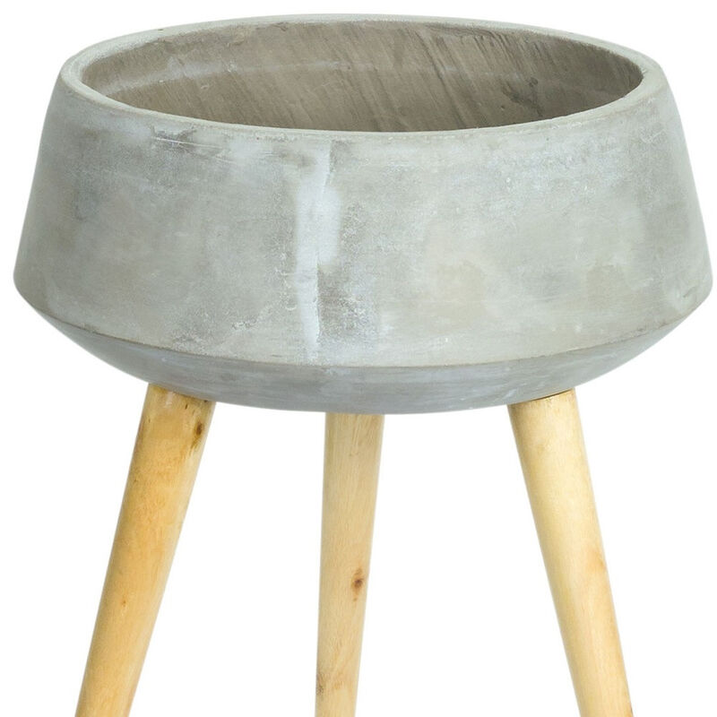 Hivvago Gray Cement And Wood 81 Ounce Round Distressed Pot Planter With Stand