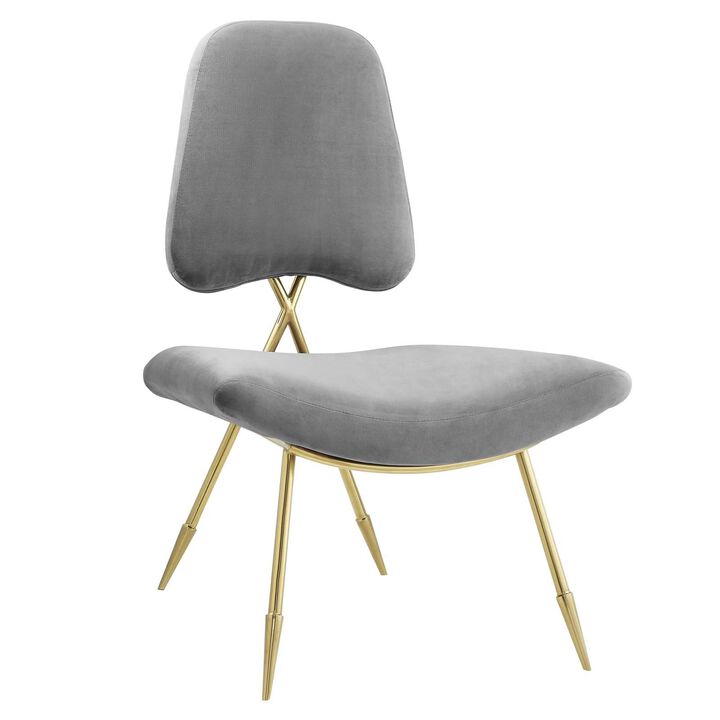 Modway Ponder Performance Velvet Upholstered Modern Lounge Accent Chair in Gray with Gold Stainless Steel Legs