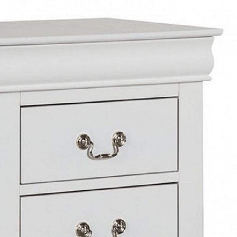 Ryla Nightstand, 2 Drawers, Classic White Solid Wood, Nickel Metal Handles - Benzara