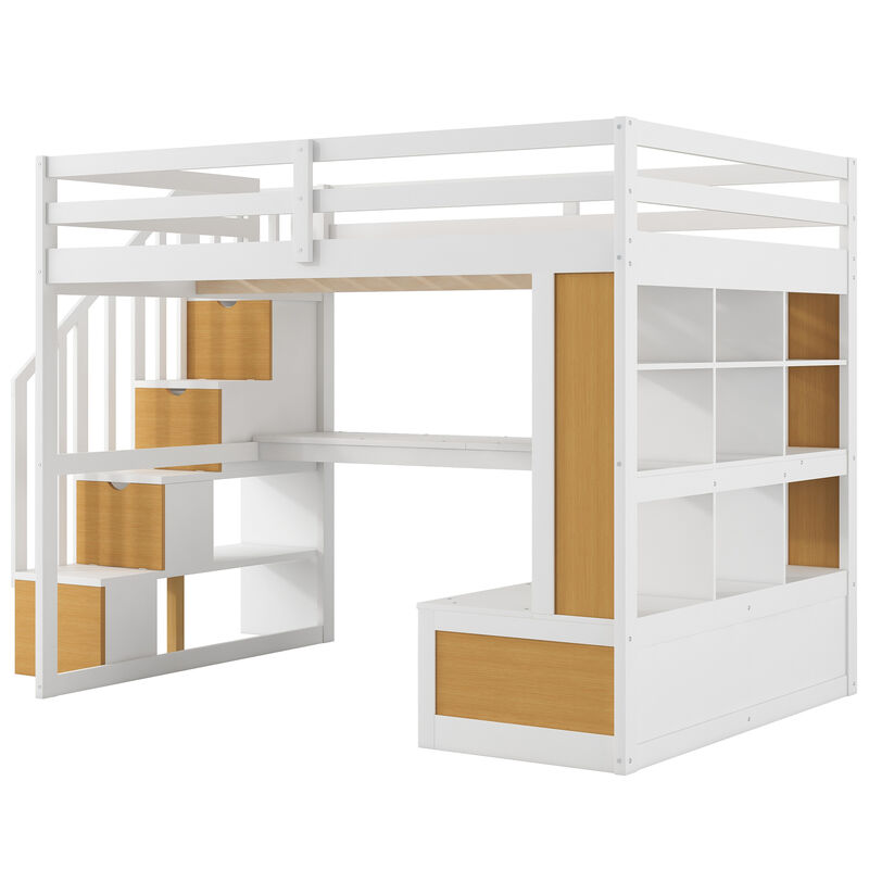 Whisen Full Size Loft Bed with Desk and Shelves, Two Built-in Drawers, Storage Staircase-Natural and White