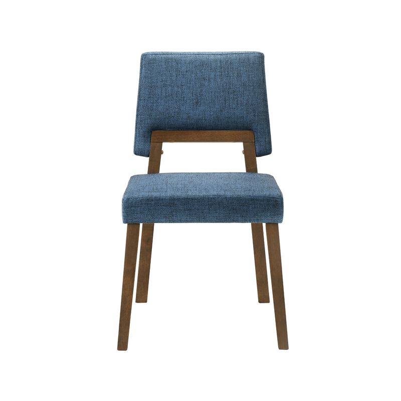 Yumi 23 Inch Dining Chair, Set of 2, Blue Fabric Seat, Walnut Brown - Benzara