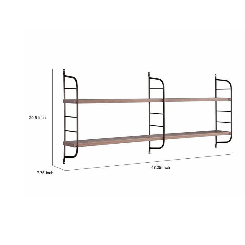 Cox 47 Inch Two Tier Wall Mounted Metal Shelf, 5 Adjustable Heights, Gray-Benzara