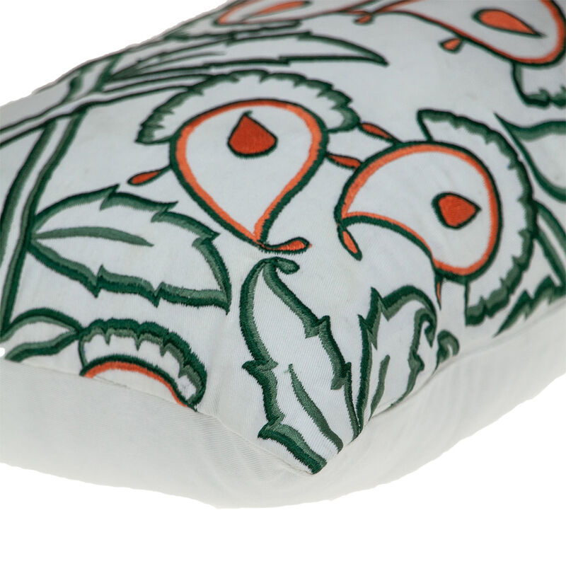 HomeRoots 14" X 24" Green and White Cotton Lumbar Throw Pillow with Embroidery image number 3
