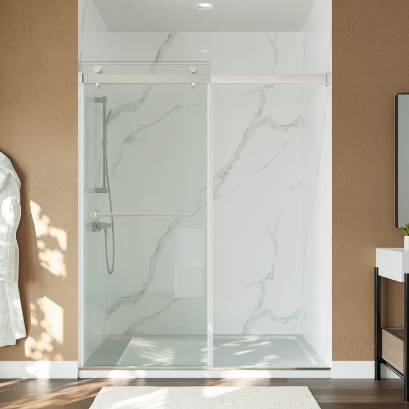 Frameless Stainless Steel Shower Door, 8mm Dual-Sided Easy-Clean Glass with Impact Buffers