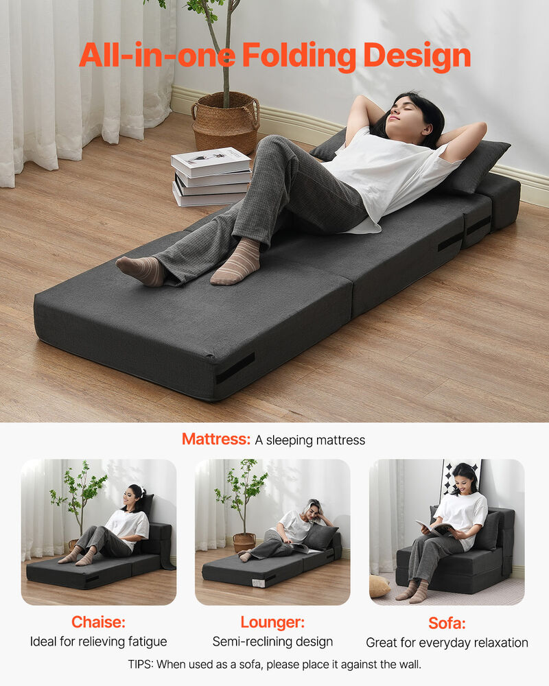 Folding Sofa Bed 3-in-1 Foldable Couch Bed with 2 Pillows Dark Grey Single image number 4