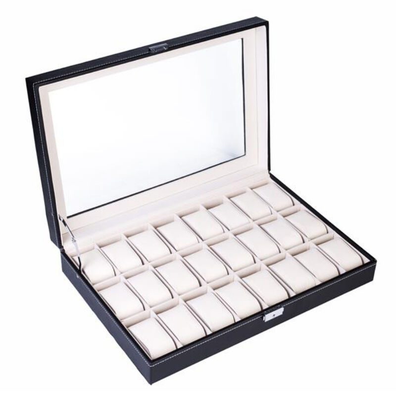 Elegant 24-Compartment Leather Watch Storage Box, Top-Level Opening Style Organizer for Watches and Jewelry