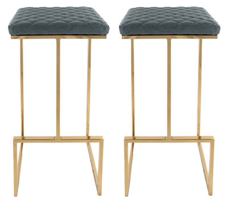 LeisureMod Quincy Stitched Leather Gold Metal Bar Stools &ndash; Set of 2, Stylish and Comfortable Seating
