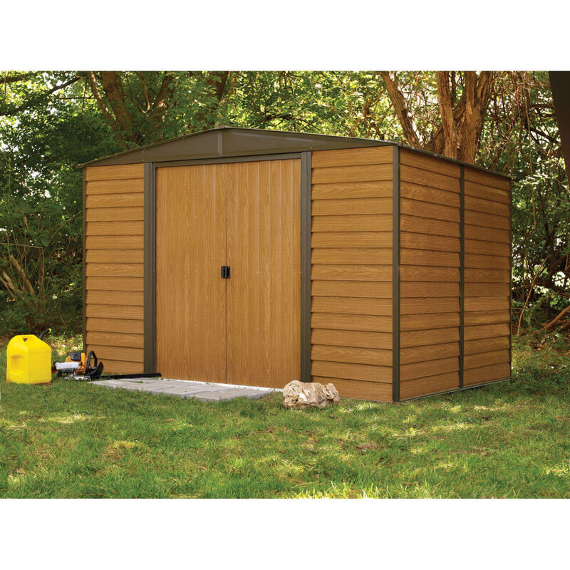 Rustic Outdoor Steel Shed – Metal Storage Unit with Woodgrain Finish Panels