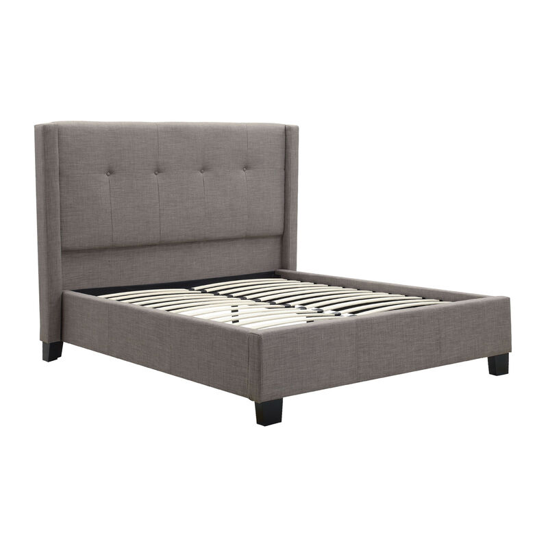 Adams Low Profile Queen Bed, Piped Edges, Tufted Linen, Gray