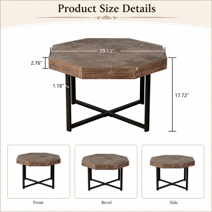 GOODSILO Octagonal Vintage Patchwork Farmhouse Coffee Table with Wooden Tabletop and Cross Metal Legs, Decorative Functional Furniture for Living Room Primary Space