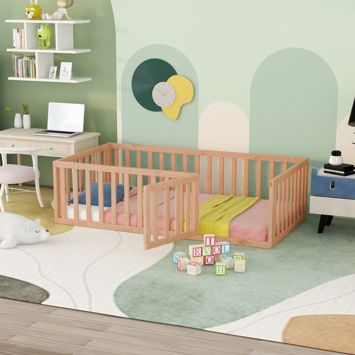 Streamdale Twin Size Wood Floor Bed Frame With Fence And Door