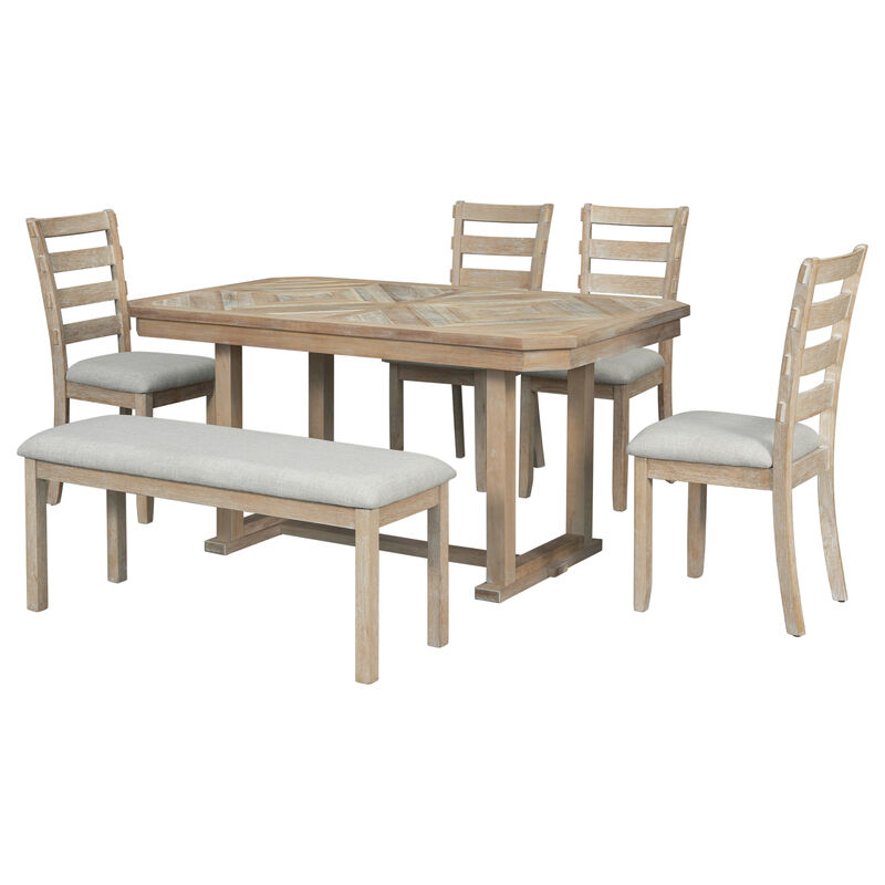 Whisen 6-Piece Rubber Wood Dining Table Set with 4 Chair and 1 Bench - Natural Wood Wash