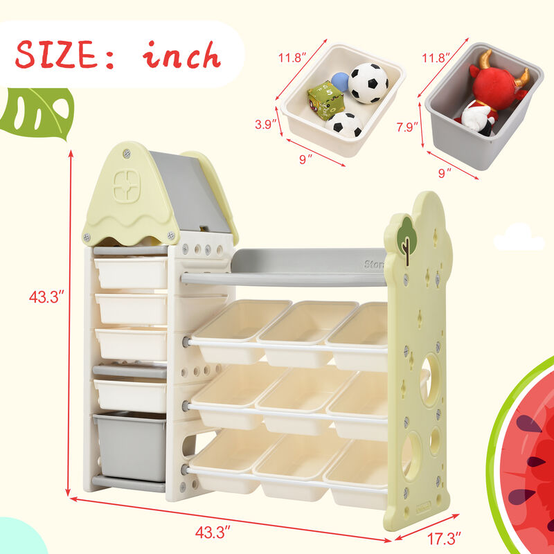 Kids Toy Storage Organizer with 14 Bins, Multi-functional Nursery Organizer Furniture Set with HDPE Shelf for Playroom