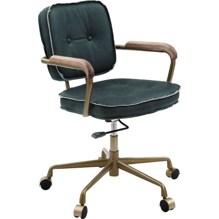 Office Chair with Leather Seat and Button Tufted Back, Green-Benzara