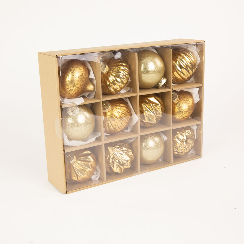 12ct Gold Mercury Glass Style Glass Christmas Ornament Set 3"