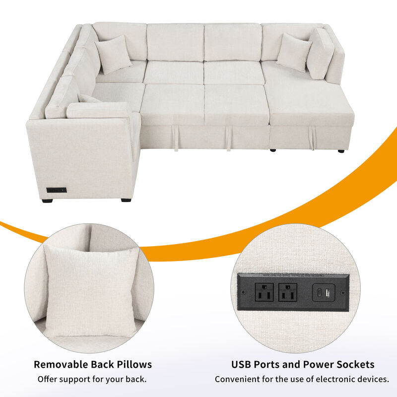 Merax U-shaped Sectional Sofa Pull Out Sofa Bed with 2 USB Ports image number 4