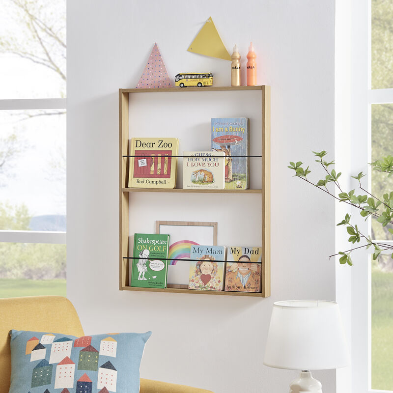 Steiner Beech Square Modern 2-Tier Kids Book or Toy Figure Display Unit Wall Mounted Bookshelf with Contrasting Black Rods