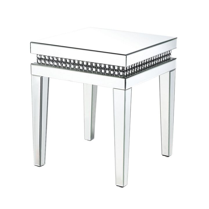 Mirror Inlay End Table with Faux Crystal Accents, Silver-Benzara
