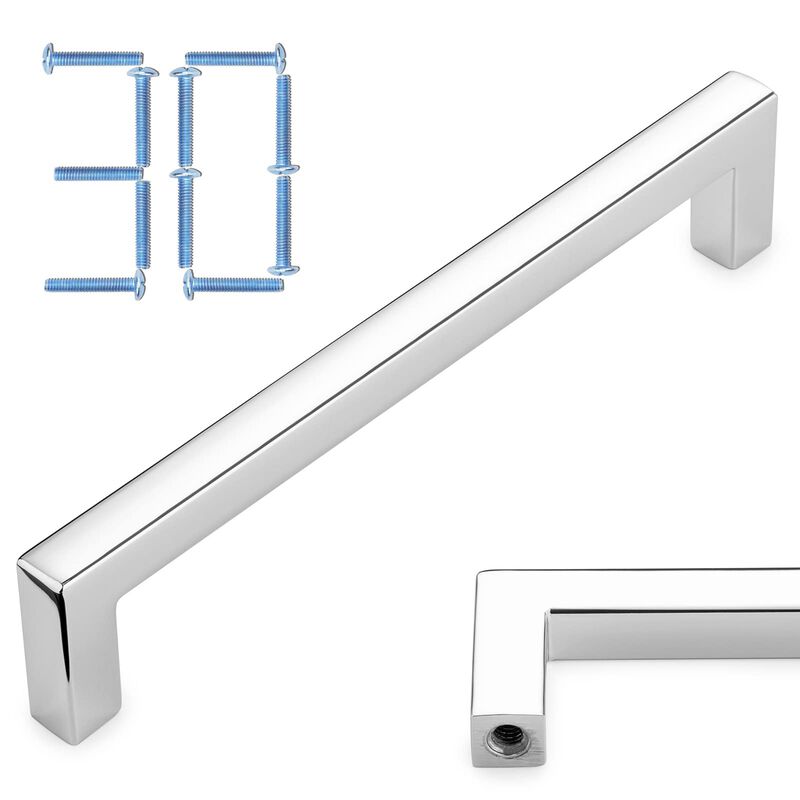 KOOFIZO 30-Pack Solid Square Bar Cabinet Handle - Chrome Furniture Pull, 5 Inch/128mm Screwhole Distance for Kitchen Cupboard Do