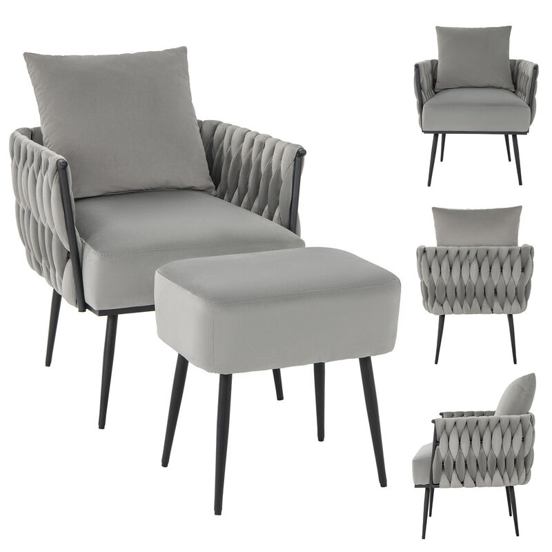 Modern Dutch Velvet Accent Chair and Ottoman Set with Weaved Back and Arms