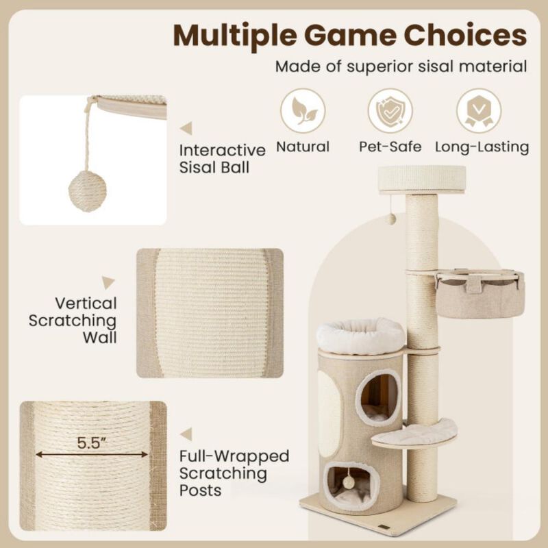 Hivvago 61 Inches Cat Tree for Indoor Cats with 2-stoery Condo and Top Perch