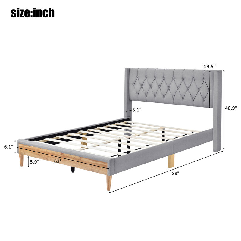 Upholstered Platform Bed with Rubber Wood Legs, No Box Spring Needed, Linen Fabric, Queen